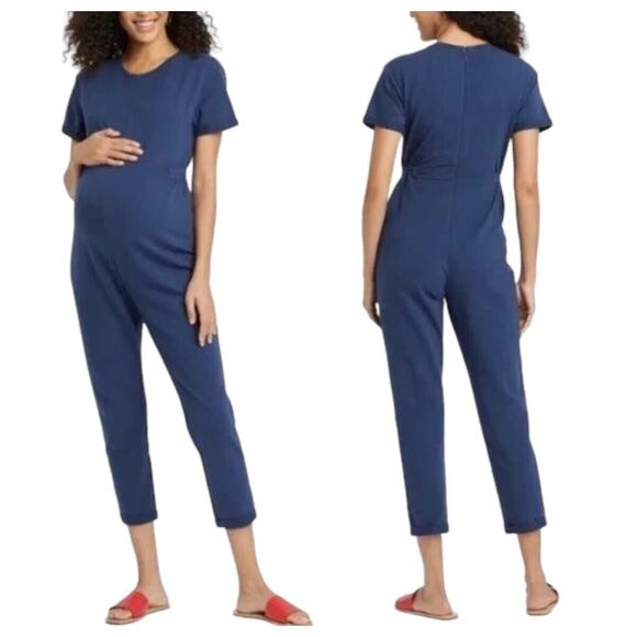 NEW The Nines by Hatch Maternity Jumpsuit Blue Cotton French Terry Short SlvSz S - Picture 1 of 9
